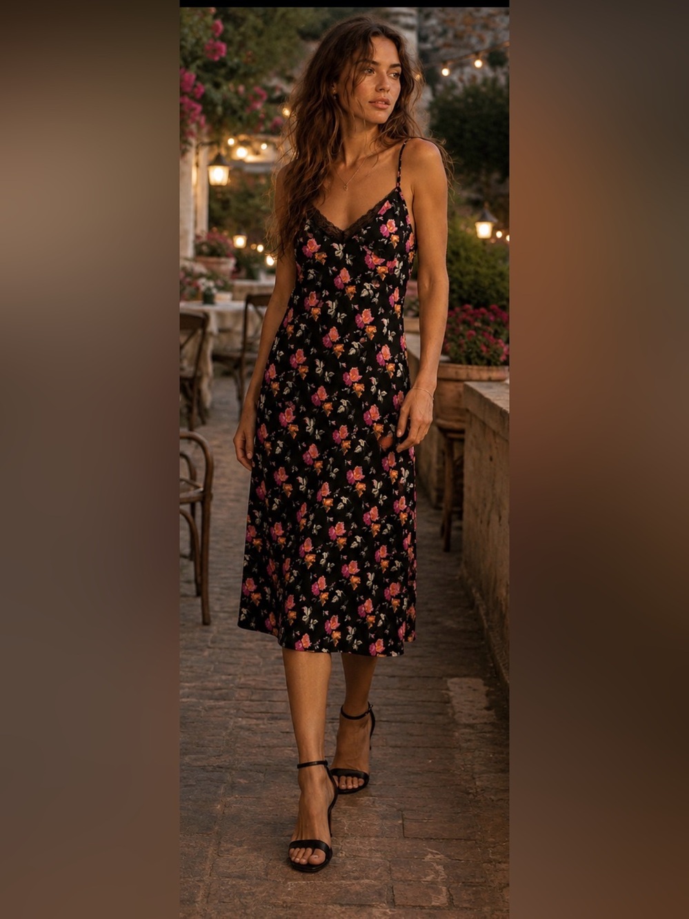 Zara Trafaluc Floral Lace Back Slip Dress Black Pink Orange XS